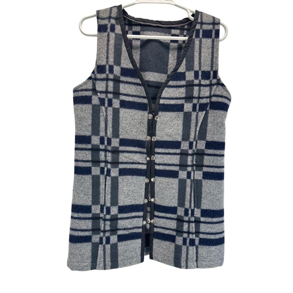 Reworked Vintage FILSON Mackinaw Wool Long Vest Tunic Woman M Navy Gray Plaid